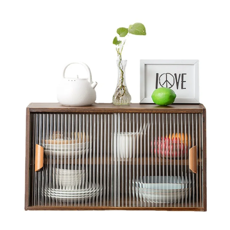 Desktop Sideboard Glass Door Display Kitchen Countertop Cup Storage Rack Household Mini Solid Wood Kitchen Cabinet