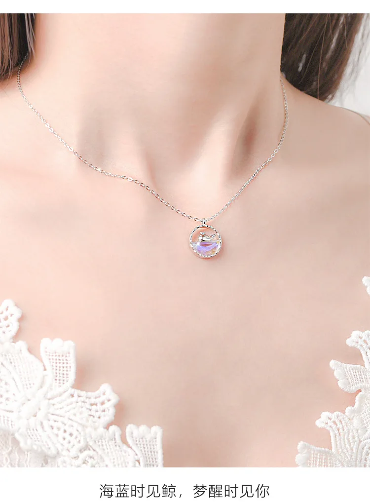 Neue Mode Süße Wal 925 Sterling Silber Brillant Farbige Blaue Meer Tier Schlüsselbein Kette Anhänger Halsketten MS015 – Detail 9