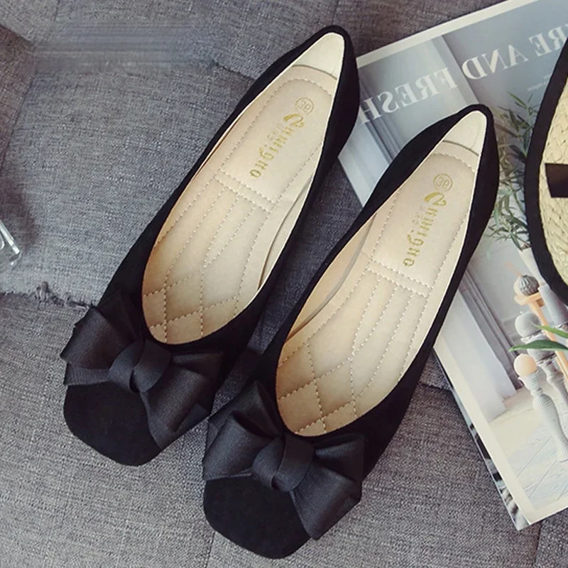 Flat Shoes Women's Fashion Butterfly-knot Square Toe Party Leather Ballet Big Size 43 Shallow Ladies Loafers Black Blue New