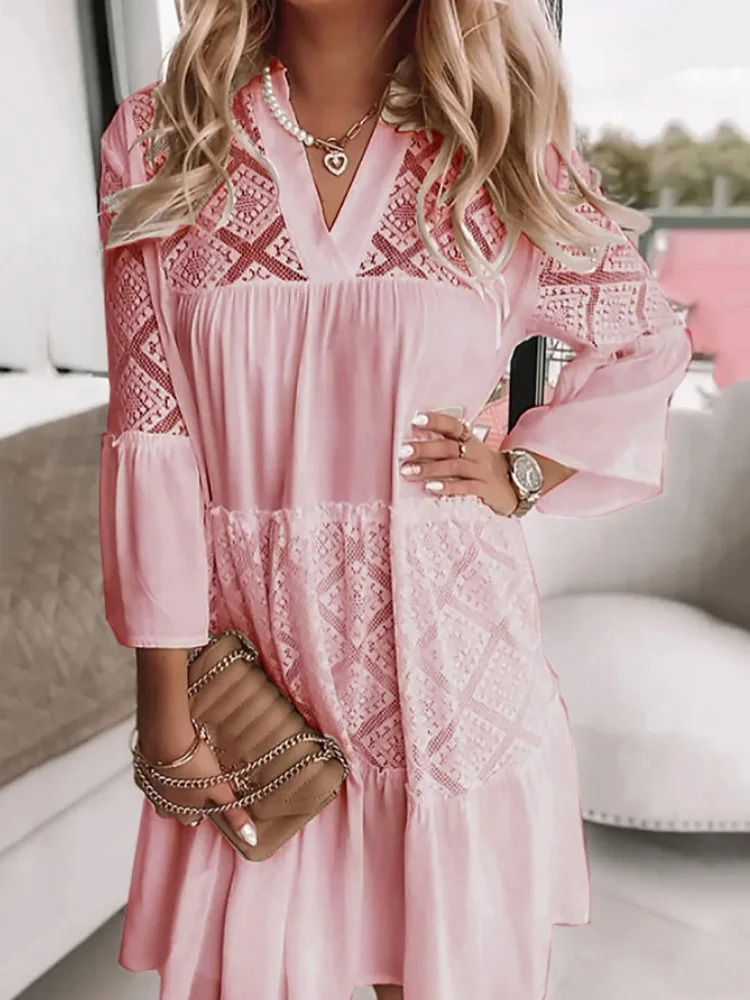 

Women Sweet Patchwork Loungewear Dress, Three Quarter Sleeve Fashion Spring Summer Mini Dress, V-Neck Loose Ladies Party Dress