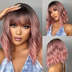 Pink Wavy Bob Synthetic Wig with Bangs - Heat Resistant Cosplay & Party Hairpiece (LC032 - 1)