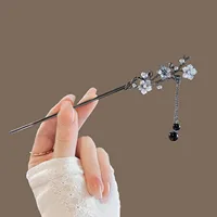 Classic Hair Stick Chopsticks Ink Color Flower Metal Fringe Hairpin For Women Pearl Black Beads Cheongsam Hair Bun Jewelry Gifts 4