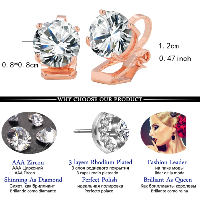 Cubic Zirconia Round Clip Earrings for Women With CZ Crystal Female Wedding Earings Party Gift Jewelry