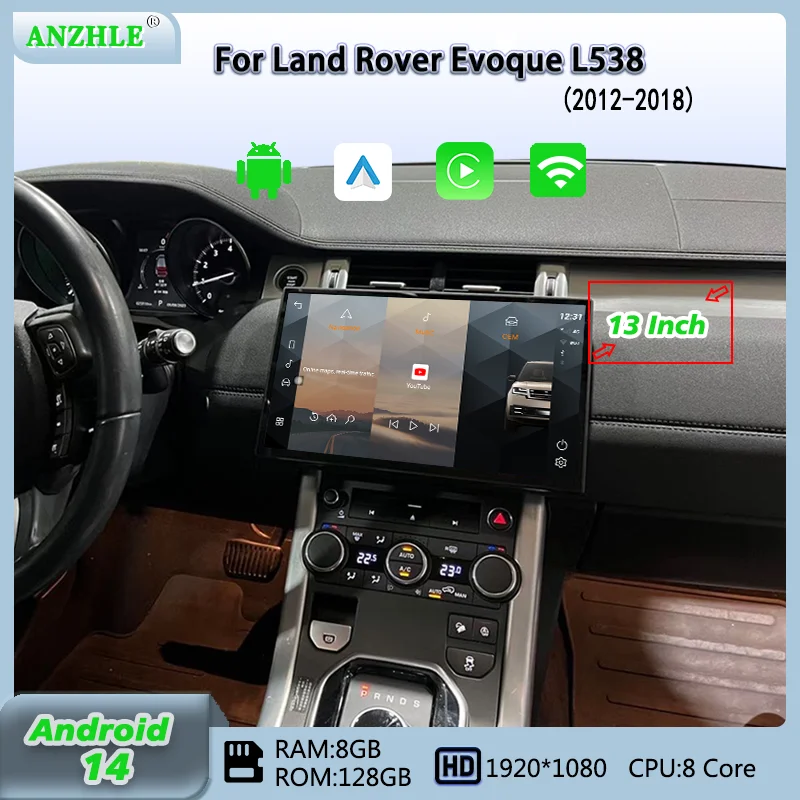 13-Inch Android 14 Smart Car System For Range Rover Evoque L538 2012 To Car Radio Multimedia Player Carplay AC Panel Screen