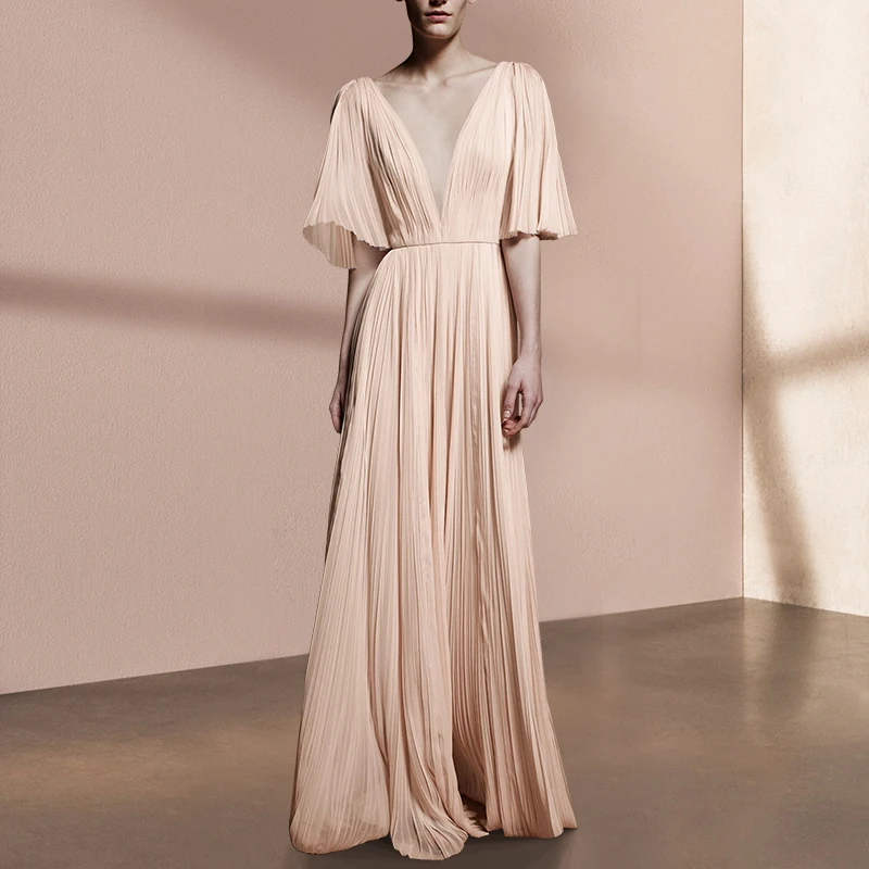 

Summer High Quality Runway Elegant V-neck Draped Long Party Dress Women Luxury Vintage Flare Sleeve Pleated Maxi Dress 2023