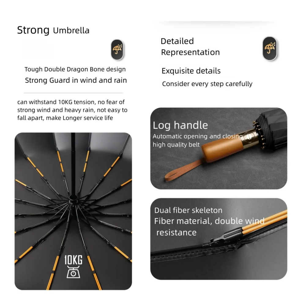 Windproof 32 Bone Business Umbrella for Men, Fully Automatic Wooden Handle, Large Folding, Waterproof Sunshade Luxury Umbrellas