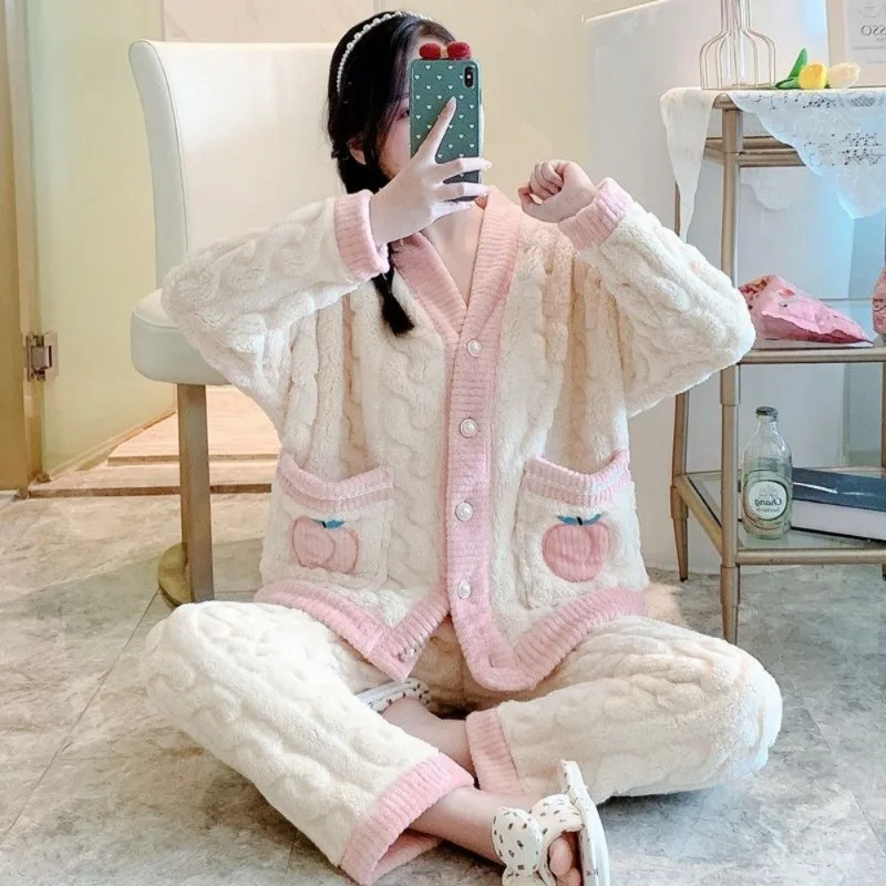 2023 New Coral Velvet Pajamas Women Thick Students In Autumn Winter Can Wear Flannel Home Service Suit