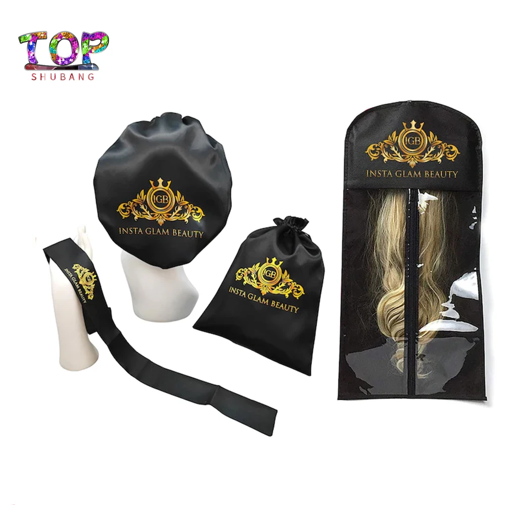 

Custom Logo Beauty Accessories Wig Zipp Bag Satin Bonnet Headband Adjustable Elastic Band Satin Bag Paper Packaging Boxs