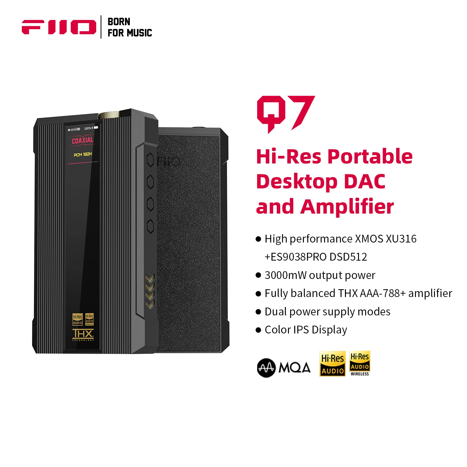 

FiiO Q7 DSD512 MQA ES9038PRO Balanced Portable HiFi Desktop DAC/Headphone Amplifier withTHX AAA 788+ Amp,Optical/USB/Coaxial