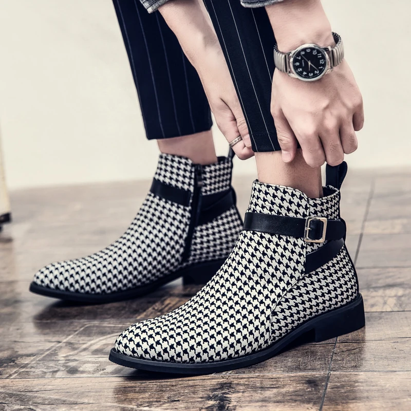 Men New Ankle Boots Business Plaid Buckle Lacing Pu Leather Cowboy Boots Chelsea Boots Men's Black Sizes 38-48