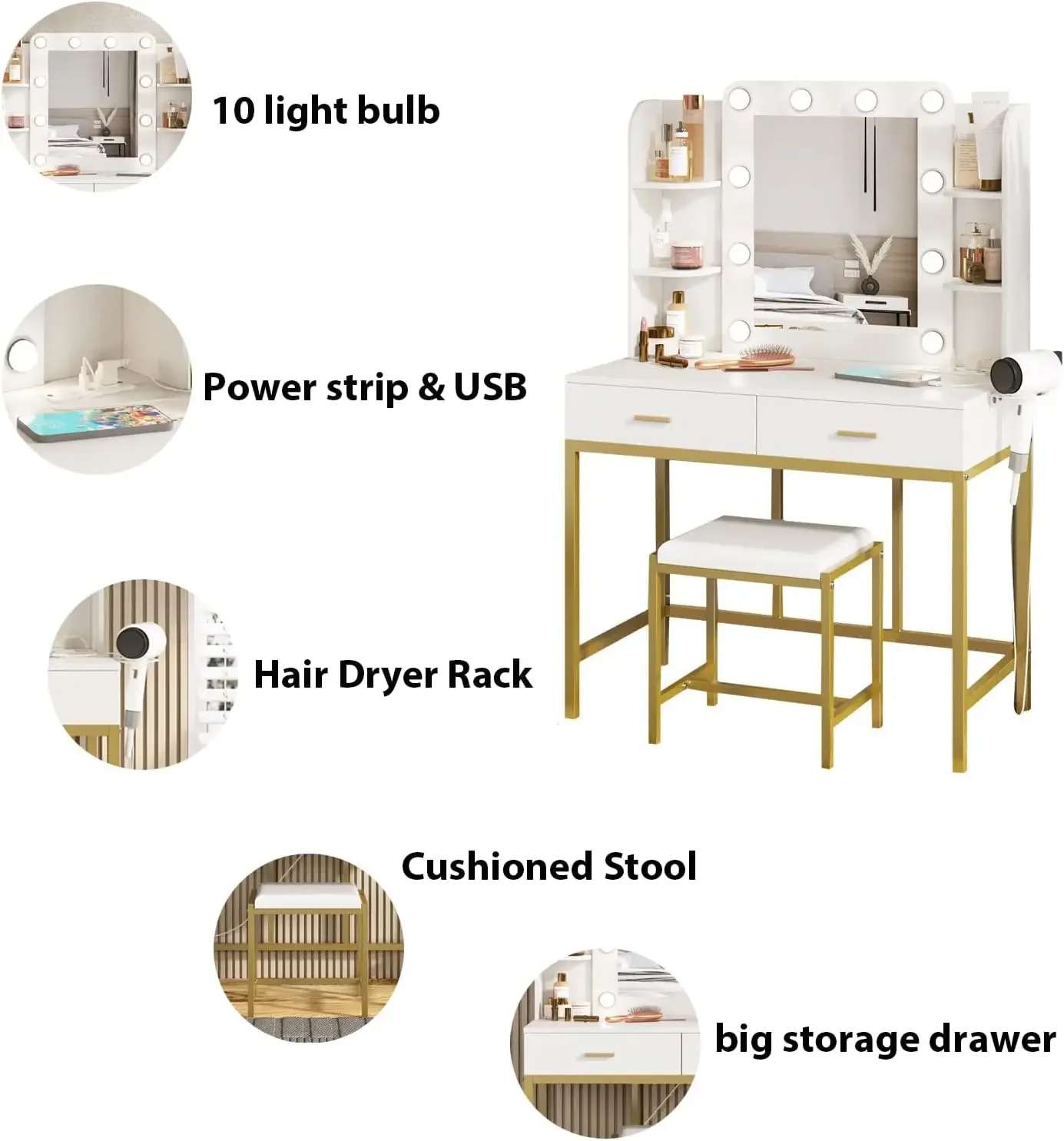 Vanity Desk with Mirror and 10 Led Lights Charging Station Makeup Table Set with Lighted Mirror 3 Lighting Modes 2 Drawers 6