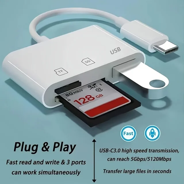 3 In 1 Adapter Type-C, Tf, Cf, Sd, Memory Card Reader, Recorder, Compact Flash Usb-C, Pro, Huawei, Macbook 2
