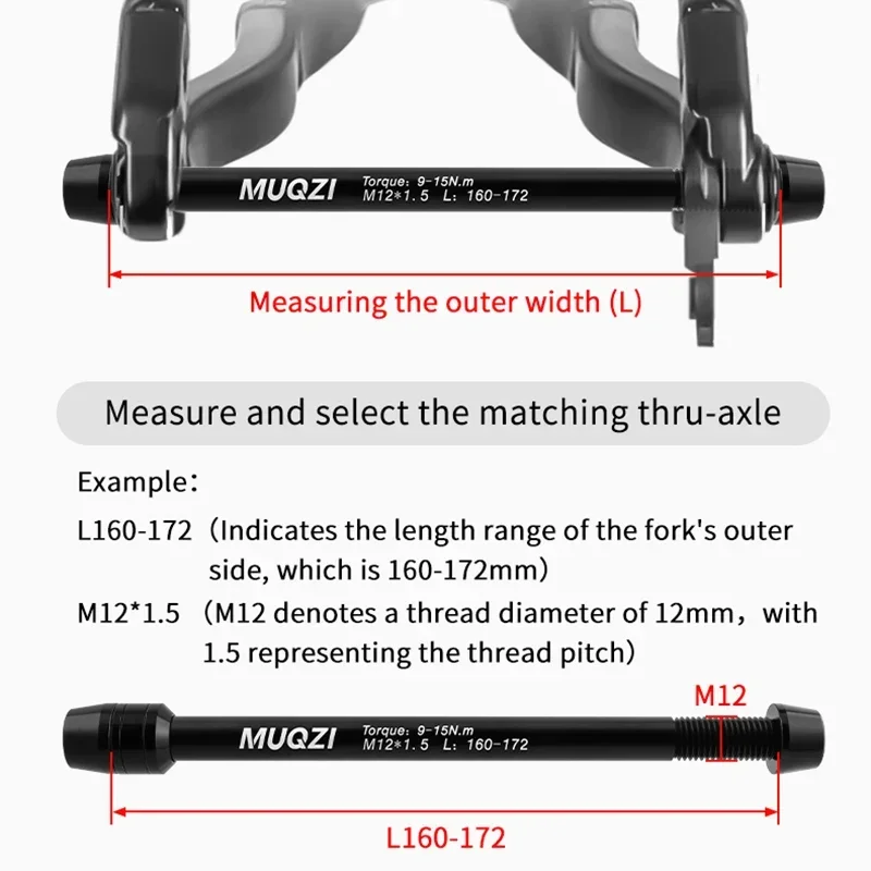 MUQZI 트레이너 스루 액슬 어댑터, M12 x 1.5/1.75 스레드 160-172mm 166-178mm 샤프트 자전거 바퀴 퀵릴리즈 꼬치
