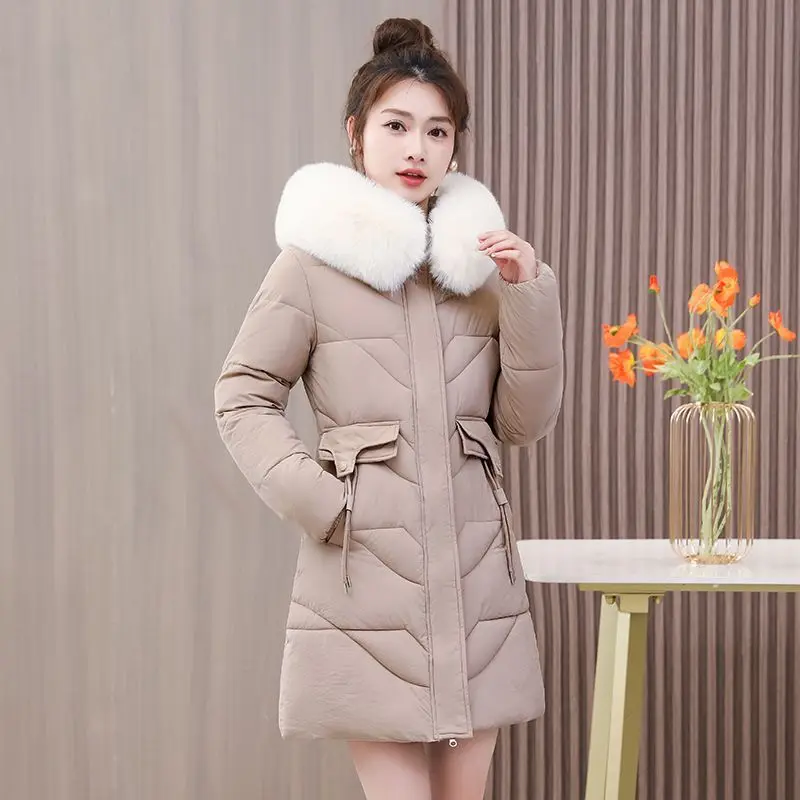 2023 New Women Down Cotton Coat Winter Jacket Female Mid Length Version Parkas Slim Fit Outwear Fur Collar Leisure Time Overcoat
