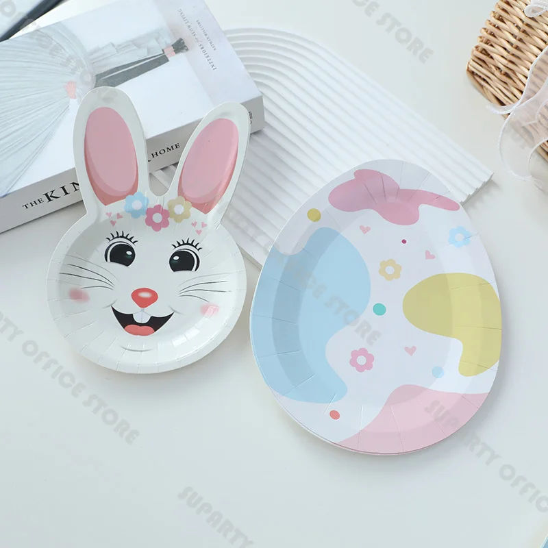 Easter Bunny Paper Plates Egg Shaped Dessert Plates Easter Tableware Pink Bunny Napkins Spring Rabbit Theme Party Dinnerware