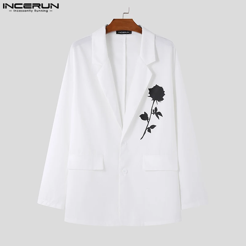 INCERUN Men's Clothing Stylish Rose Printed Suit Coats Casual Clubwear Male All-match Loose Long Sleeved Blazer S-5XL