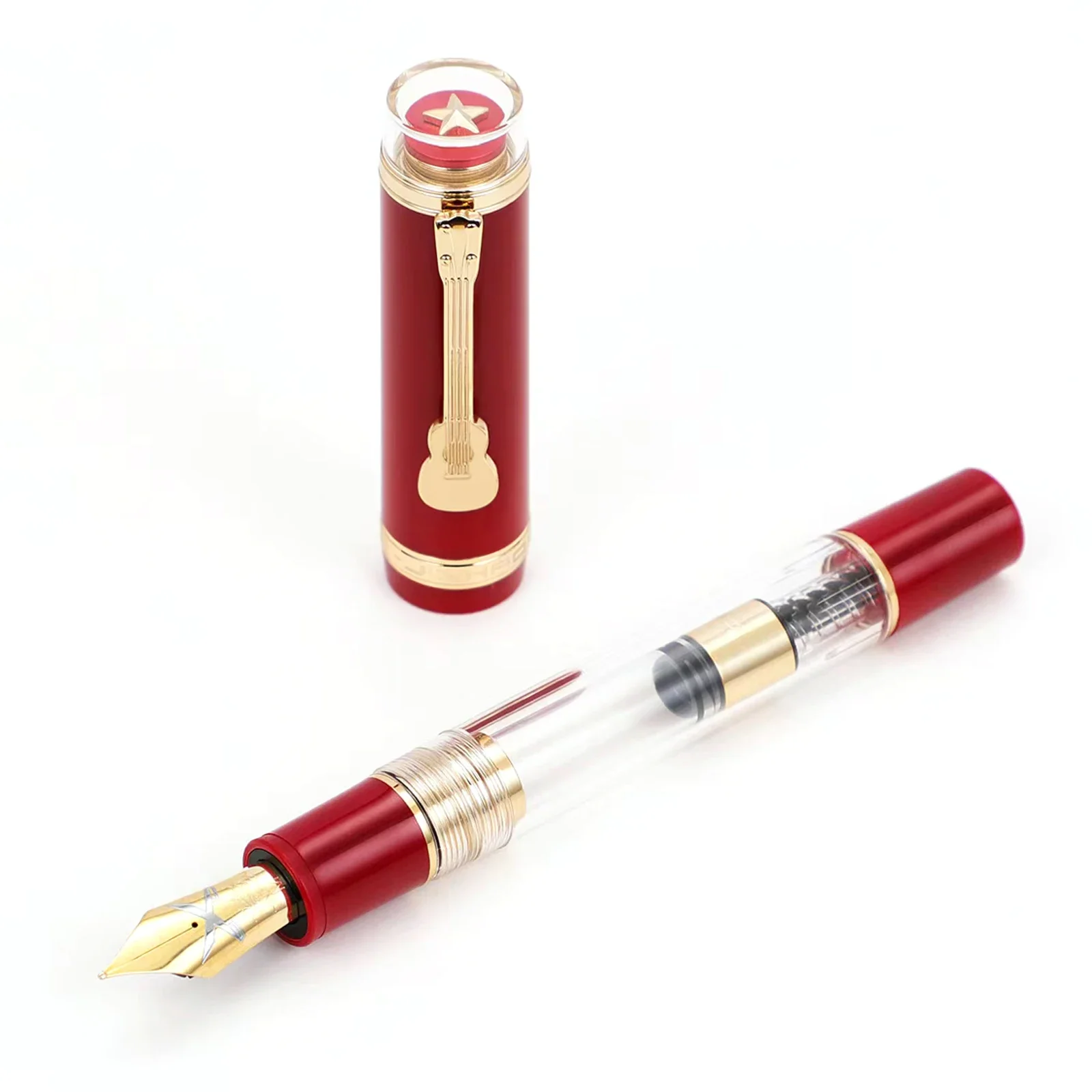 JINHAO 1935 TIANDAO 만년필, 고급 기타 클립, F/M 펜촉, 투명 빨간색 쓰기 잉크 펜, 사무실 학교 용품 문구