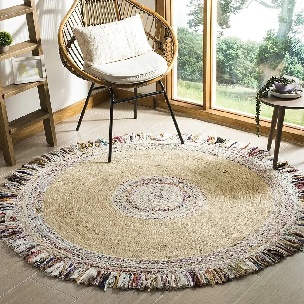 

Round Rug Natural Jute & Cotton Tassels Braided Carpet for Living Room Modern Hallway Floor Mat Bedroom Area Rug Home Decor