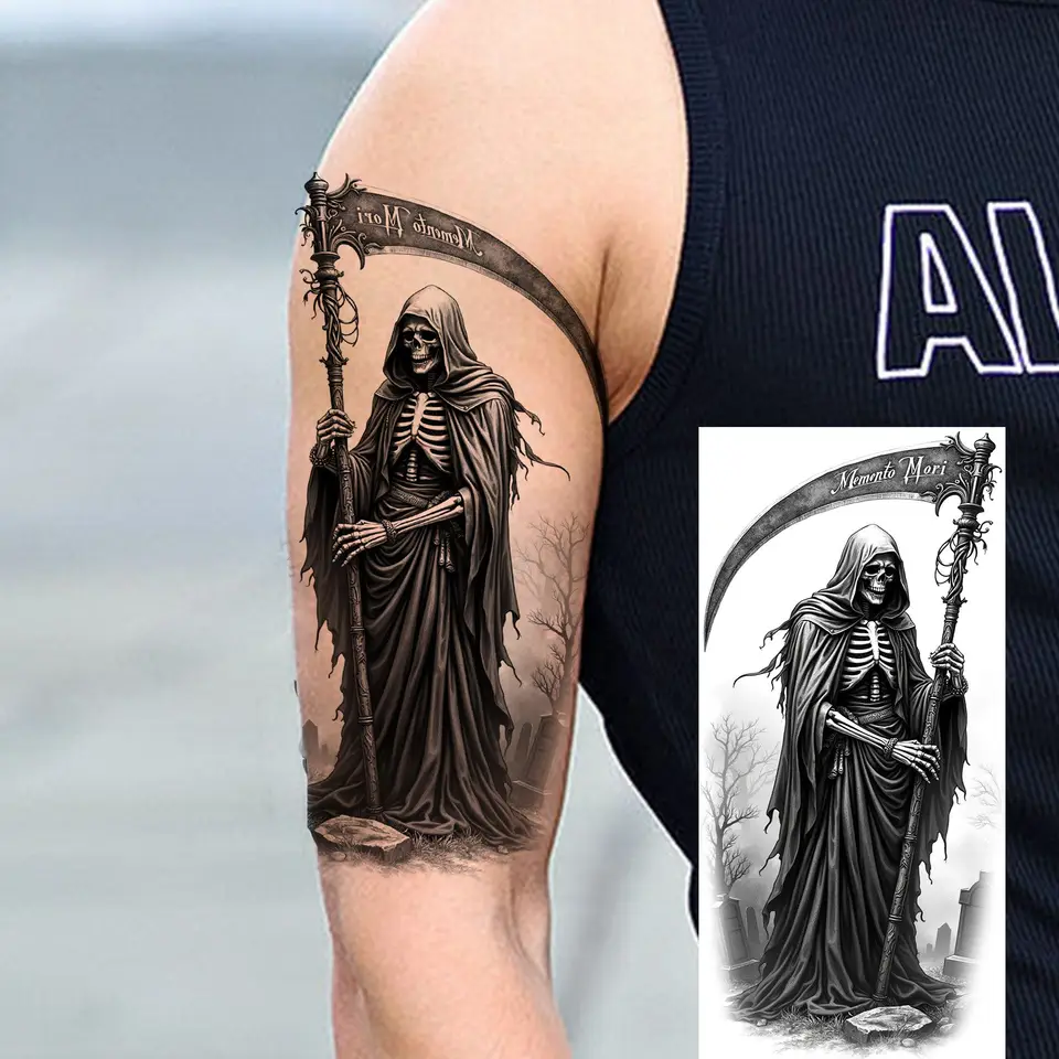 1 Sheet Scary Grim Reaper Skull Skeleton Temporary Tattoos For Men Women  Halloween Long Lasting Waterproof Fake Tattoo Sticker - AliExpress, image size:960x960