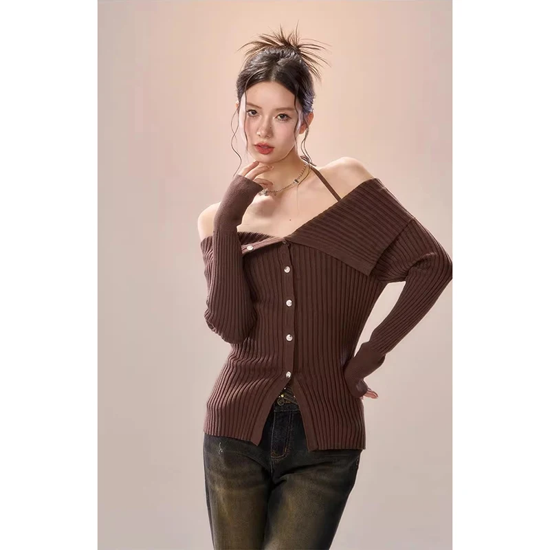 Y2k Vintage Off Shoulder Knit Sweater Women Slim Long Sleeve Halter Cardigan Spring Autumn Harajuku Aesthetic Korean Fashion
