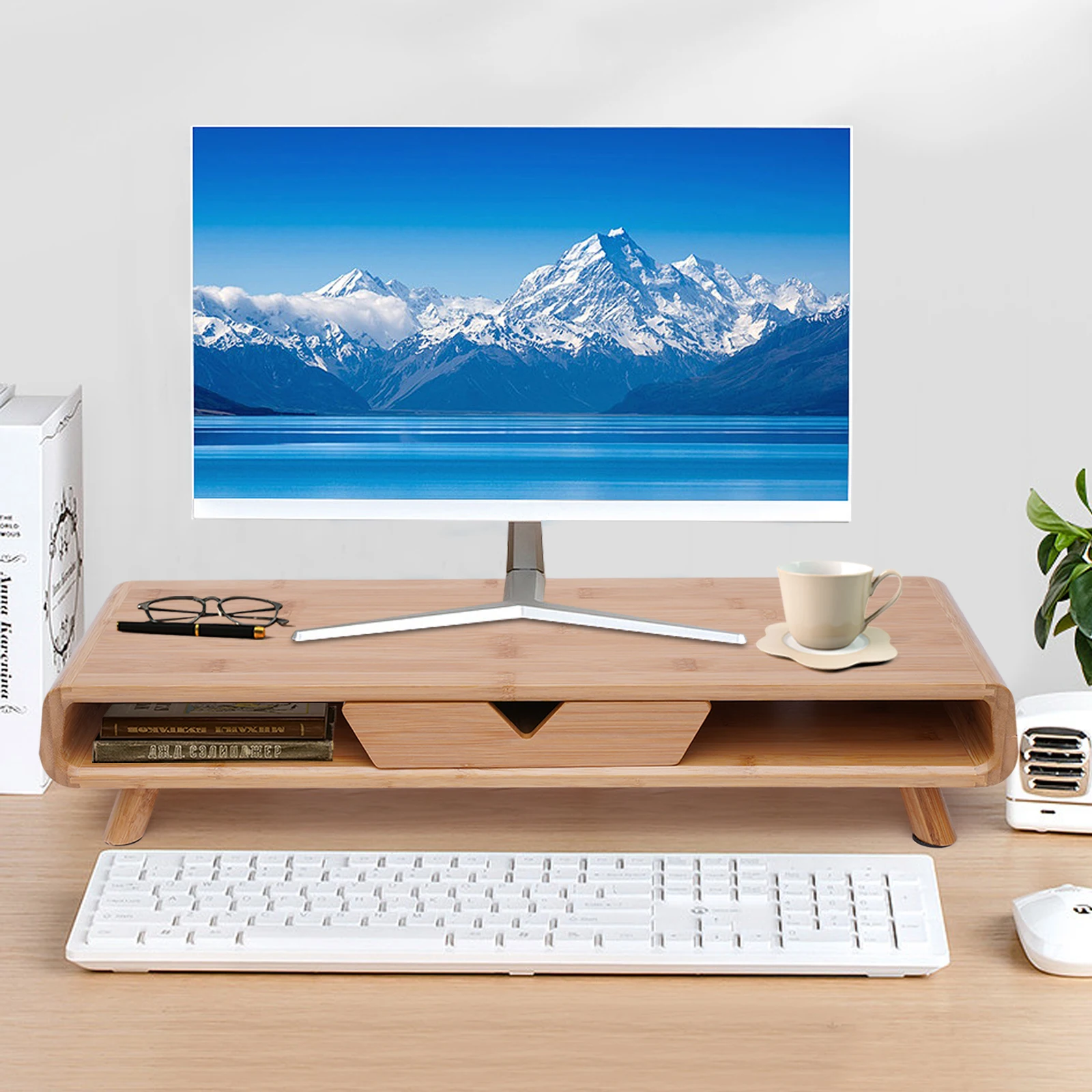 Description Picture 3 of item2-Tiers Bamboo Monitor Stand Stand Riser Desk Organizer Laptop Stand Desktop Bamboo Wood Monitor Stand