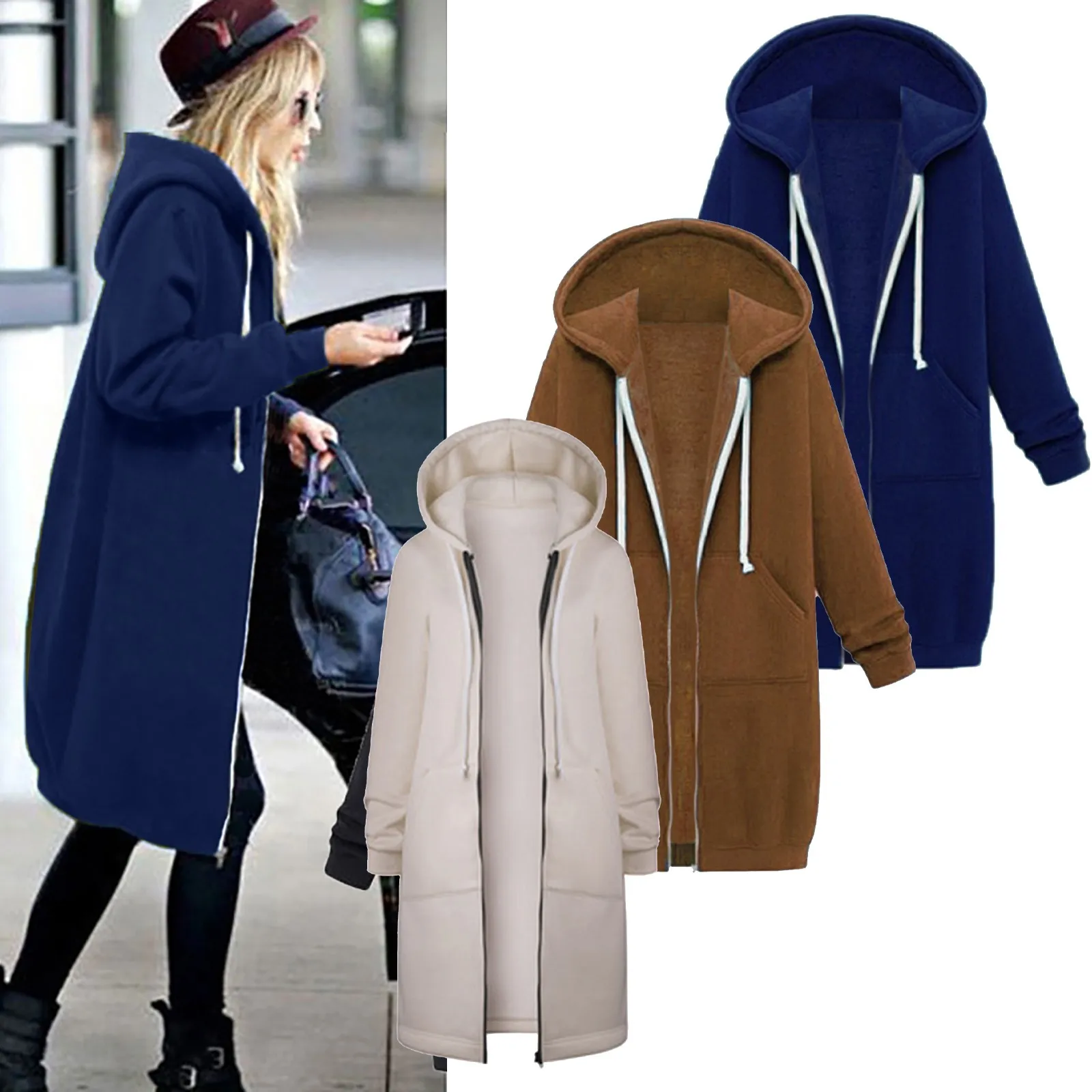 

Women Casual Long Hooded Drawstring Solid Zip Jacket Pockets Jacket Zipper Coat