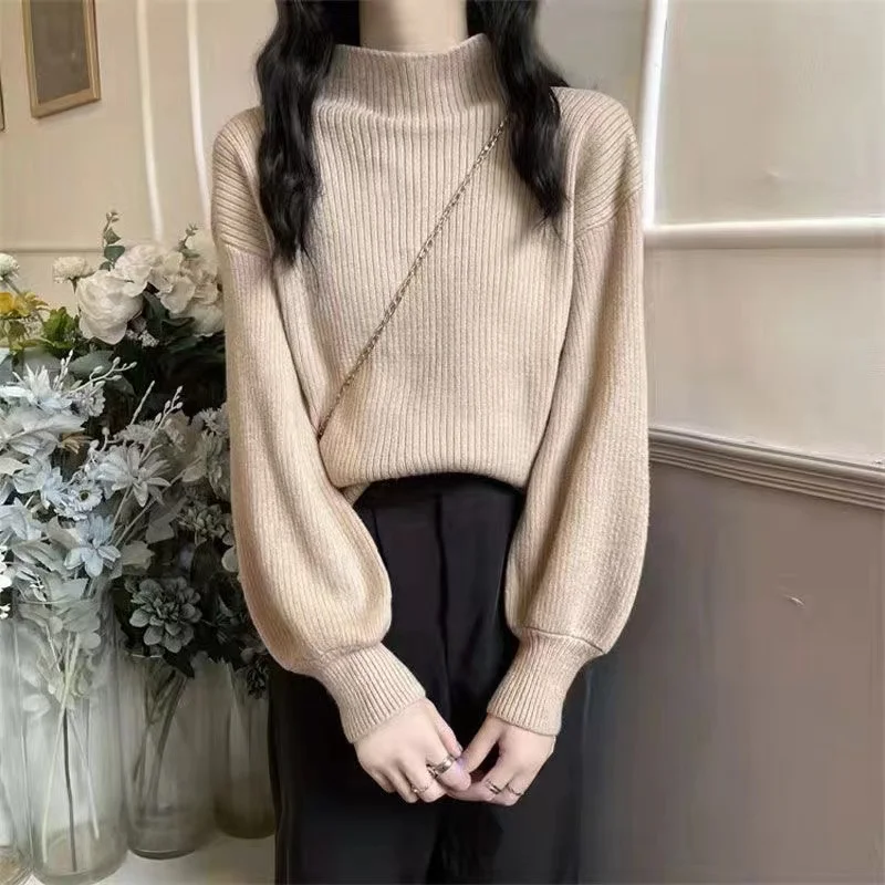 

Turtleneck Soft Warm Knitted Sweater Elegant Solid Mock Neck Lantern Pullover Autumn Winter Long Sleeve Korean Office Lady Tops