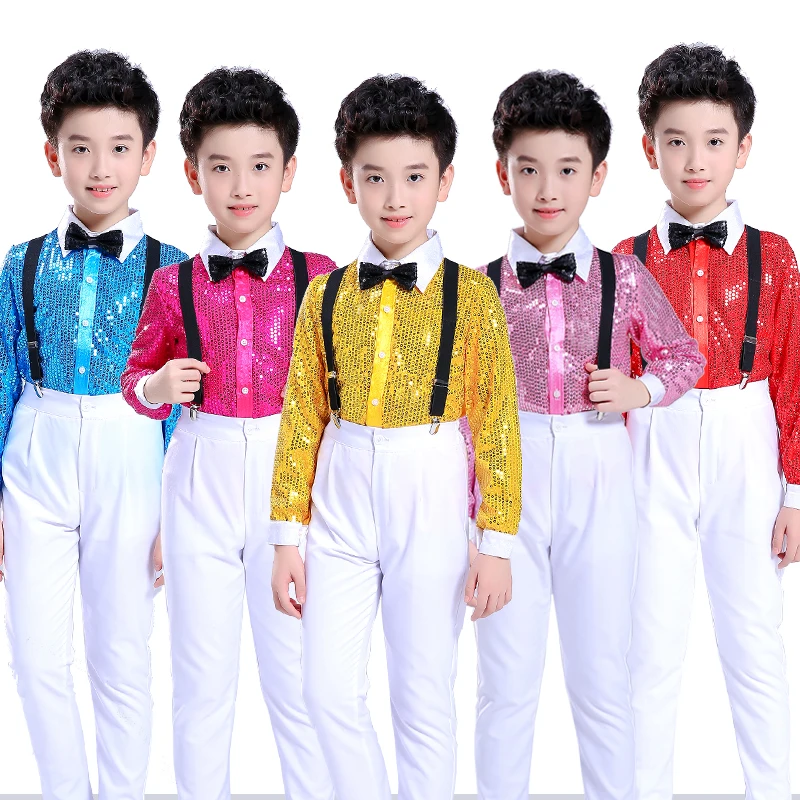 

Stage Outfits Kids Street Dancing Performance Wear Boys Hip Hop Costume Children Colourful Jazz Sequin Shirts Suit