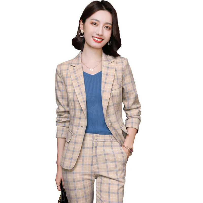 

Office High-end Professional Women's Blazer Suit 2022 New Spring Autumn Slim Fit Plaid Ladies Elegant Jacket And Casual Trousers