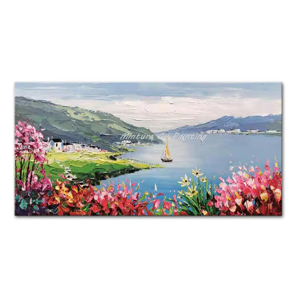 thumbnail image 1 of Mintura Obra de arte hecha a mano de gran tamaño Pintura al óleo pintada a mano sobre lienzo La hermosa ciudad costera Arte de pared moderno para decoración del hogar, 1 of 5
