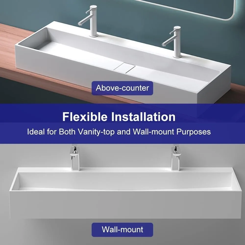 47'' Bathroom Sink Double-Bowl Wall Mounted Trough Floating Sink in Matte White Washhand Stand Sinks Furniture Fixture Home 2