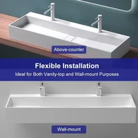 47'' Bathroom Sink Double-Bowl Wall Mounted Trough Floating Sink in Matte White Washhand Stand Sinks Furniture Fixture Home 2