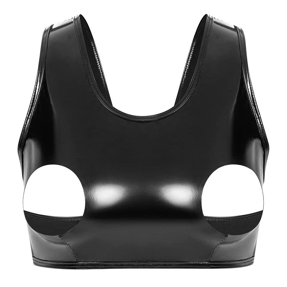 Erotic Open Chest Leather Bras Lingerie for Women Sexy Underwear Tank Top Sleevele Faux Leather Exposing Breast Bras Erotic Tops