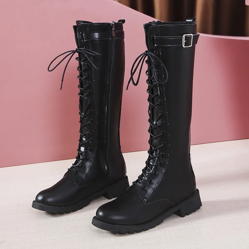 Plus Size Autumn Winter Knee High Boots for Women Fashion Buckle High Tube PU Leather Boots Woman Zipper Low Heels Long Botas Mujer women knee boots
