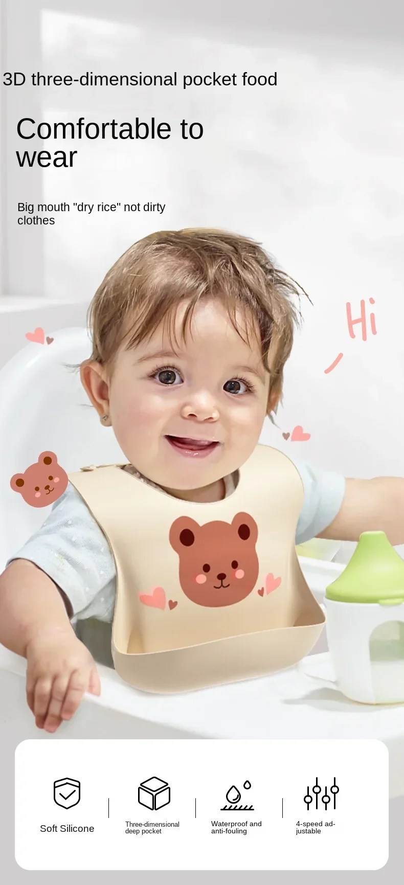 Description Picture 2 of itemWaterproof Soft Silicone Baby Bib Scarf Cartoon Bear Cute Print Adjustable Bibs Burp Cloths Baby Feeding Aprons Kids Eating