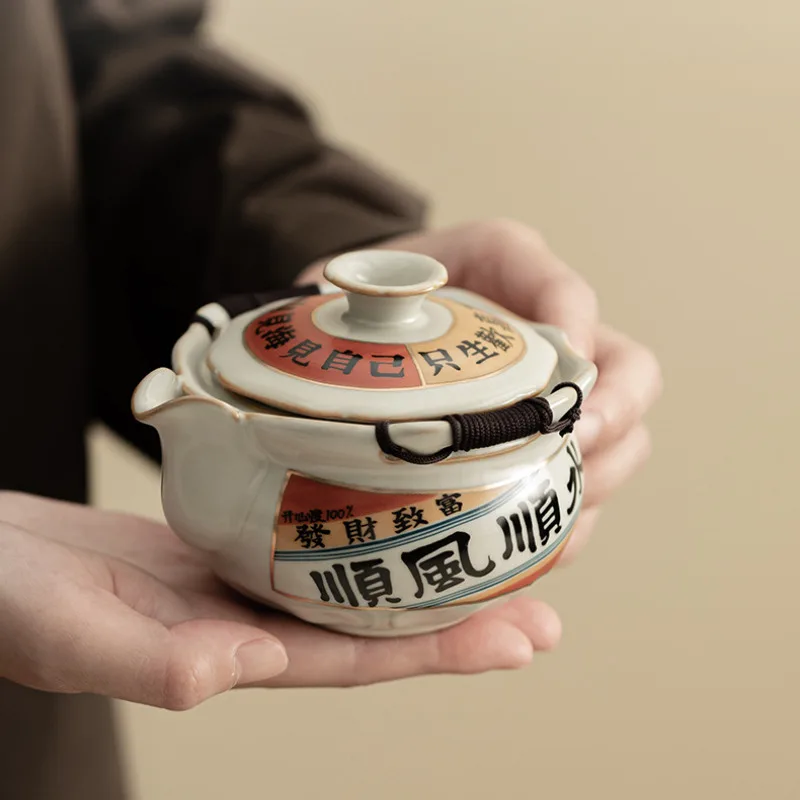 Handwritten Good Luck Ru Kiln Porcelain Teapot Retro Tea Infuser Pot Tea Maker Kettle with Filter Tea Services Supplies Gift
