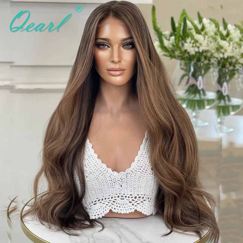 New in 28inchs Long European Full Lace Wigs Ash Brown Human Hair Wig Natural Highlights 360 Lace Frontal Wig Pre Plucked Qearl images - 6