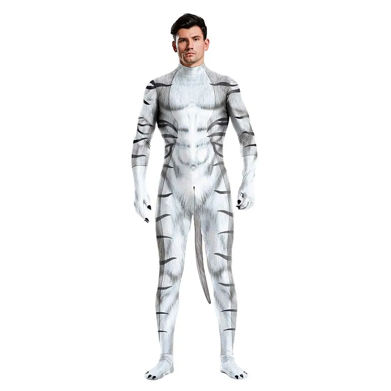 Zawaland Cosplay Animal White Tiger Print with Tail Men Costume Crotch Zip Jumpsuit Zentai Bodysuit Halloween Carnival Clothing