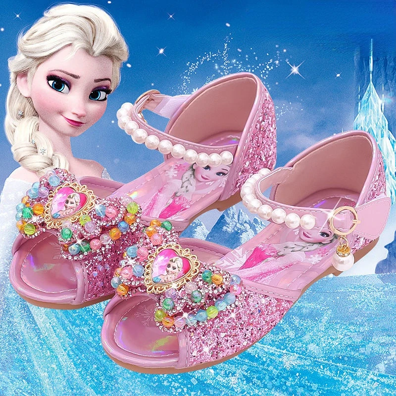 

Босоножки для девочек Disney, обувь принцессы «Холодное сердце Эльзы», обувь для девочек с кристаллами розового и синего цвета, детская обувь на высоком каблуке, обувь для подиума 24-35