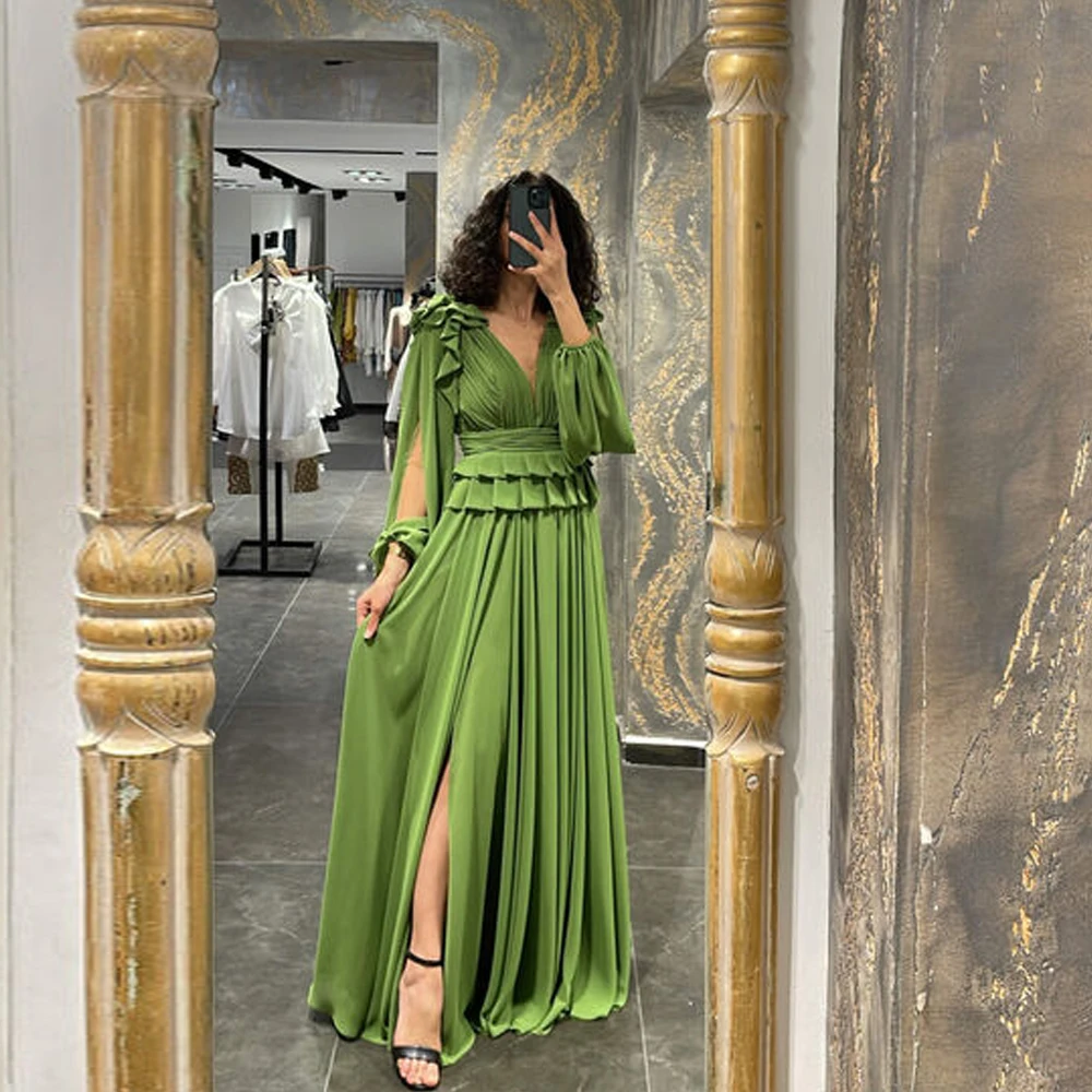 

Elegant Chiffon Mother of the Bride Dresses V Neck Long Sleeves A-Line Wedding Party Gowns Floor-Length Ruffles فساتين السهرة