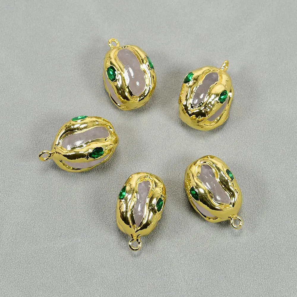 APDGG 5 Pcs Natural White Quartz Gold Plated Green Crystal Paved Charms Pendant For Lady Pearl Necklace Jewelry Making DIY