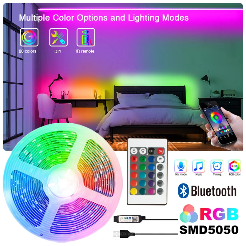 LED Strip Lights RGB5050 5V Bluetooth Control Color Change Tape for TV Backlight with 24keys 44keys Bedroom Decoration Luces Led