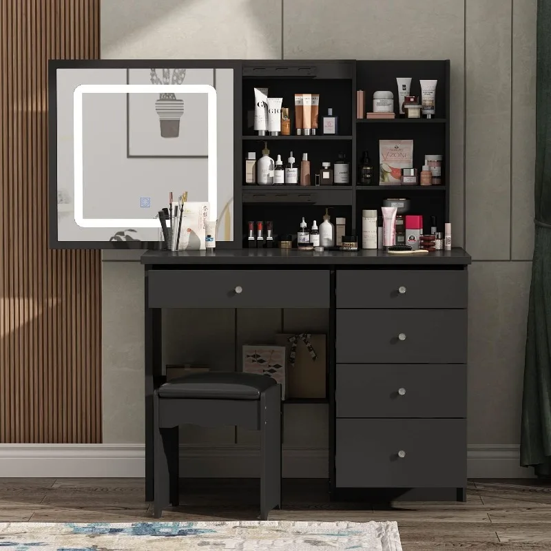 

Large Vanity Table Set Makeup Vanity Dressing Table with Mirror, 5 Drawers & Shelves, Dresser Desk and Cushioned Stool Set