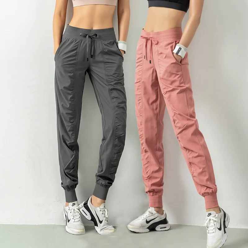 Women Quick Dry Pants Athletic Gym Fitness Sweatpants Two Side Pockets Exercise Pants Fabric Drawstring Running Sport Joggers
