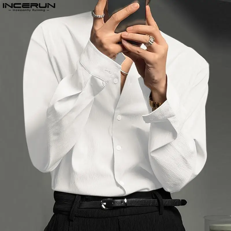 

Casual Fashion Style Tops INCERUN New Men Pleated Texture Shirts Handsome Male Hot Sale Solid All-match Collarless Blouse S-5XL