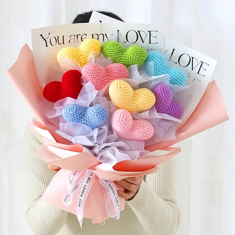 1PC 40cm 8Colors Knitted Heart Shape Flowers Hand Woven Crochet Wedding Party Birthday Teachers' Valentine's Day Decor Gift knitting supplies knitting material weaving tools