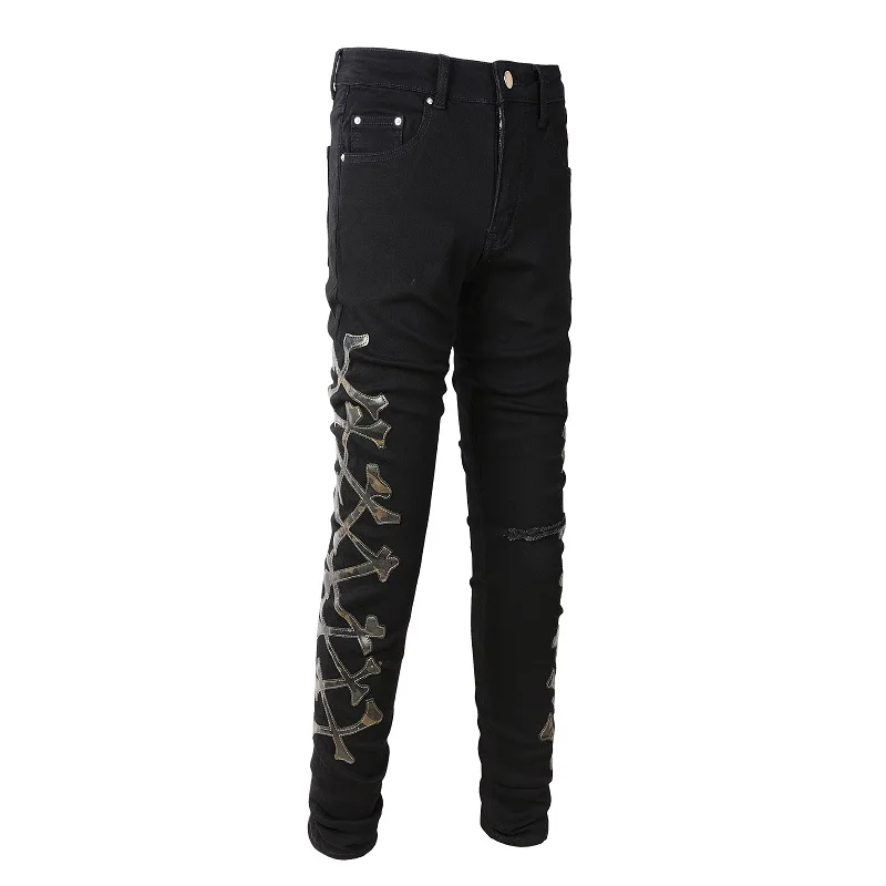 

Black Slim Fit Streetwear Fashion Style Distressed Bones Patches High Stretch Skinny Ripped Jeans