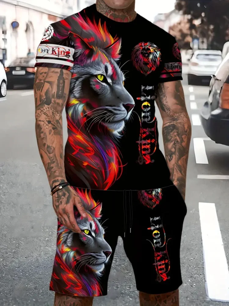 New Lion King Pattern Men's T-shirt Collection Summer Animal 3D Printed Clothing Short Sleeves And Shorts 2 Fashion Trends 3