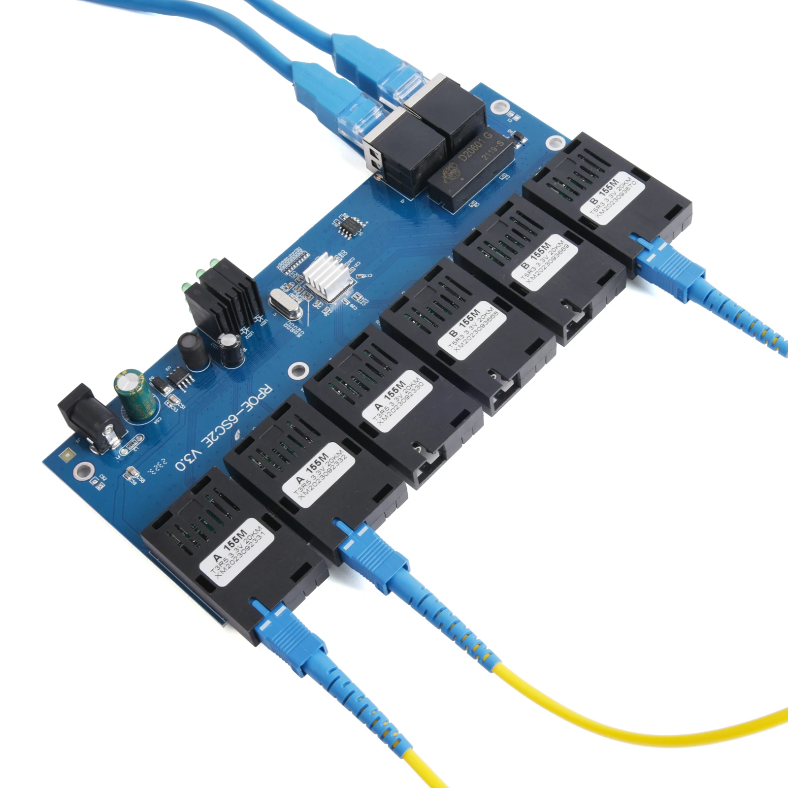 Conversor de Mídia de Fibra Óptica, Comutador Ethernet, Placa PCBA, 20km, 10m, 100m, 2 Conector Ótico RJ45 a 6 SC, 1310nm, 1550nm, 3A + 3B Portas