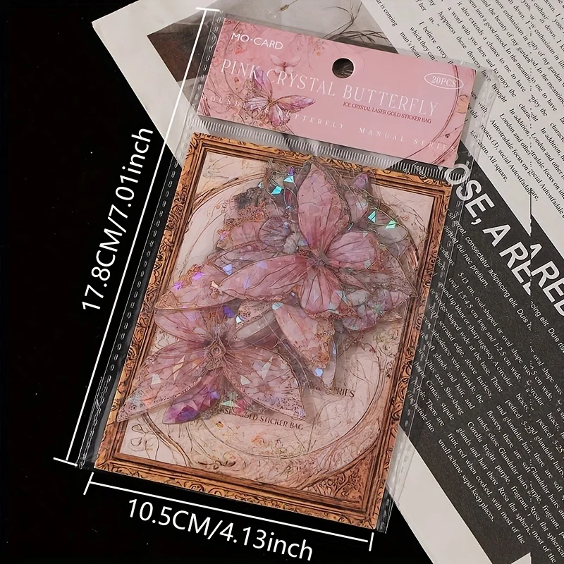 Pink Crystal Butterfly Three-Dimensional Butterfly Handbook DIY Decorative Stickers Garbage Diary Decorative 1 pack/20 pcs